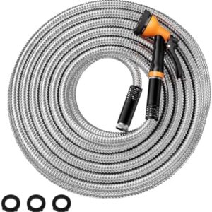 Garden Hose Metal 25 FT - Never Kink Again!  Durable Stainless Steel Hose with 10-Function Nozzle