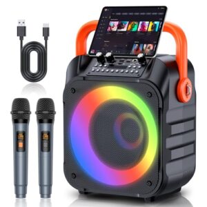 Karaoke Machine with 2 Wireless Microphones - Portable PA System with Bluetooth 5.0, Disco Lights & Long Battery Life