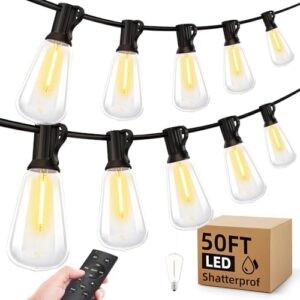 50ft Outdoor String Lights - Dimmable, Waterproof, Remote