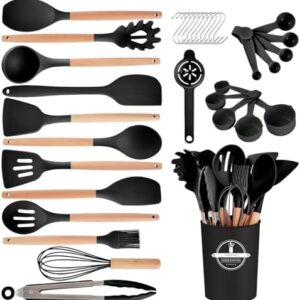 34-Piece Silicone Kitchen Utensil Set - Wooden Handles
